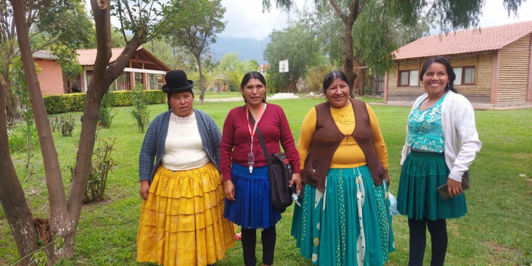 Cuatro trabajadoras del hogar posan en un espacio abierto, con pasto y árboles. Ellas visten polleras típicas de sus regiones.