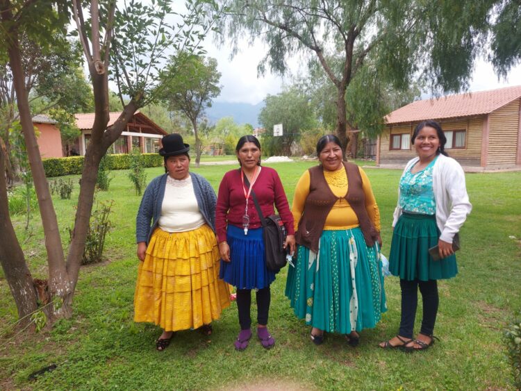 Cuatro trabajadoras del hogar posan en un espacio abierto, con pasto y árboles. Ellas visten polleras típicas de sus regiones.