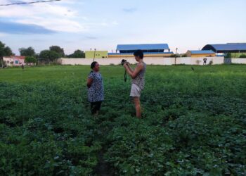 La periodista Michelle Nogales sostiene una cámara en un campo verde en Villa Montes. Al frente tiene a una anciana como entrevistada.