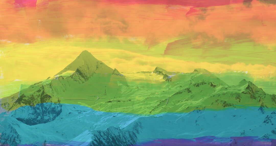 La bandera del Orgullo Gay sobre una foto de la cordillera de os Andes.