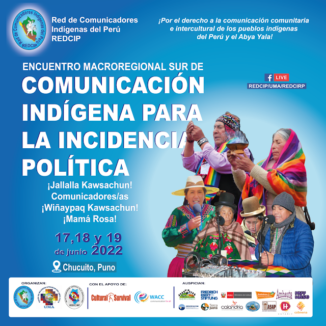 Afiche oficial del Encuentro Macroregional de la Red de Periodistas Indígenas de Perú. Créditos: Redcip
