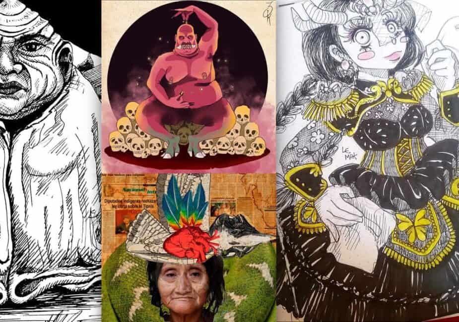 Collage con algunas obras de lxs participantes del reto Graficalaca 2022. Créditos de izquierda a derecha: @emix_draw44, @zurgalika, @cyanintensso, y @alukaariasu