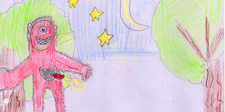 Dibujo de la criatura mitológica Mapinguarí, realizado por un niño del centro minero Huanuni, a lápices de color