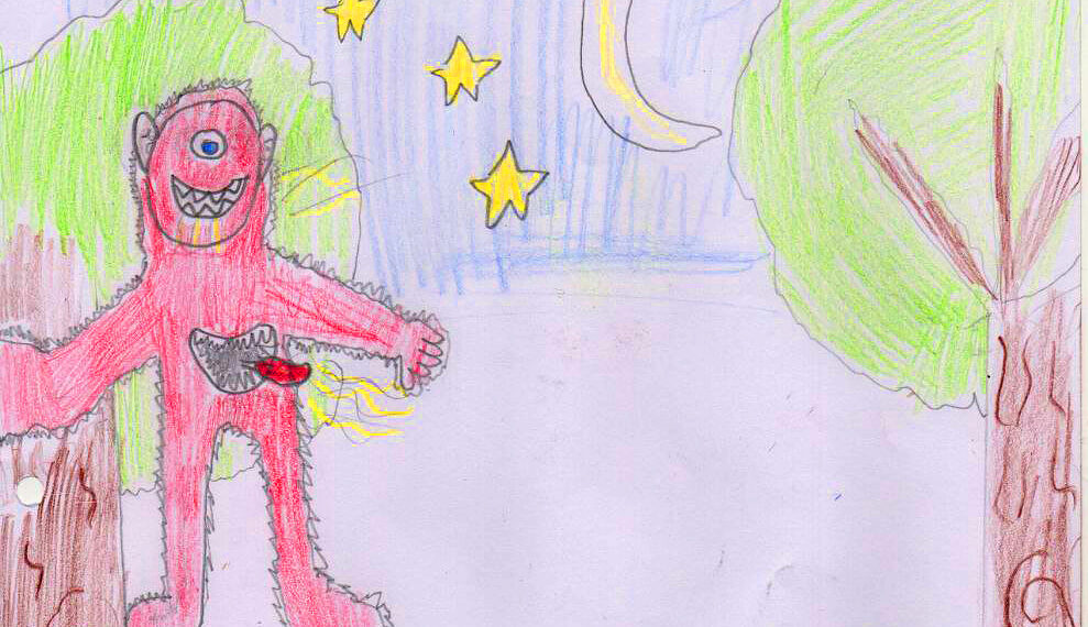 Dibujo de la criatura mitológica Mapinguarí, realizado por un niño del centro minero Huanuni, a lápices de color