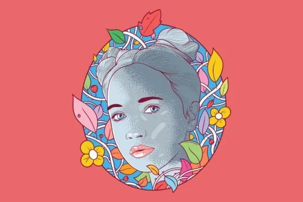 El rostros de una mujer en blanco y negro con un gento de tristeza por el romance con un ex tóxico rodeado con illustraciones de flores.