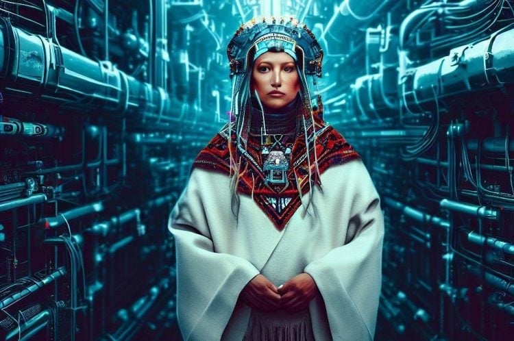 Una representación ilustrativa de la apropiación cultural con una mujer ataviada con ropas indígenas en medio de un tunel con temas industriales y tecnológicos.