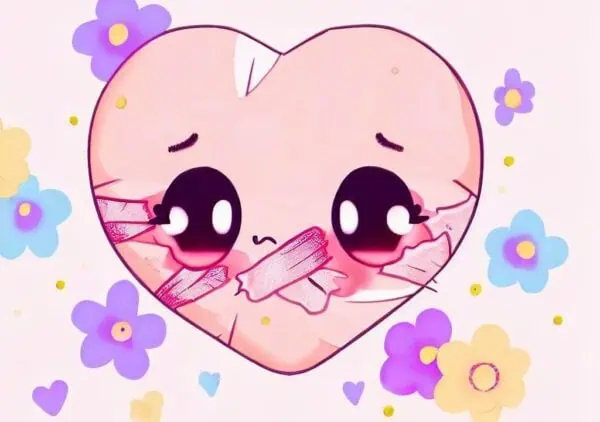 Ilustración de un corazón con estética kawai con moretones y curitas, rodeado de flores.