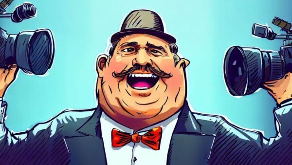 Figuretis políticos en una representación caricaturesca de un hombre con bigotes sosteniendo dos cámaras para que lo enfoquen.