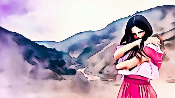 Pintura digital de una mujer abrazándose a sí misma después de leer el grafiti: que amar no nos cueste la vida en Potosí, Bolivia.