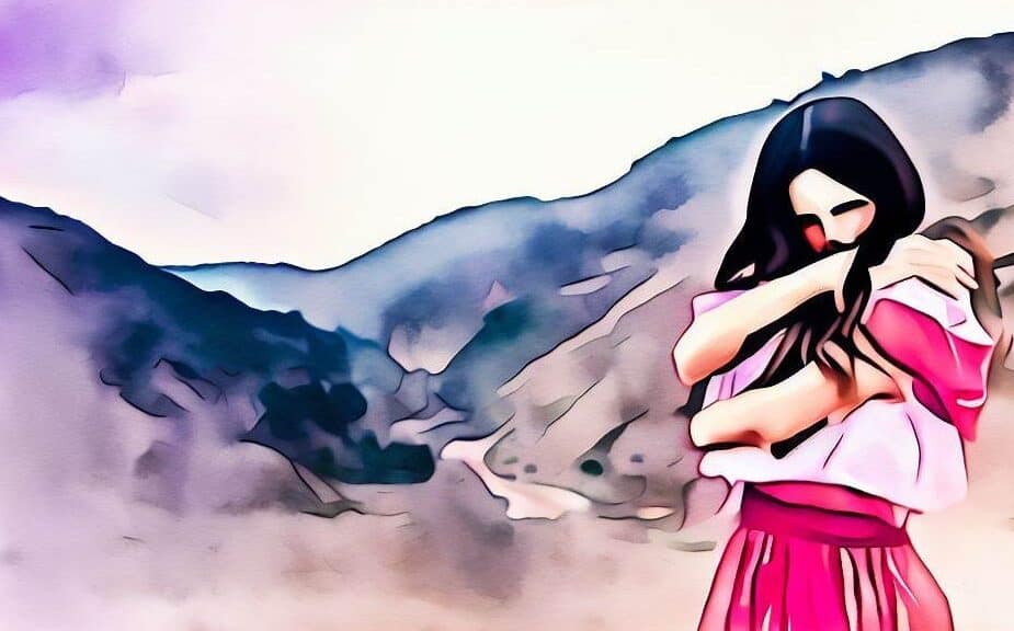 Pintura digital de una mujer abrazándose a sí misma después de leer el grafiti: que amar no nos cueste la vida en Potosí, Bolivia.