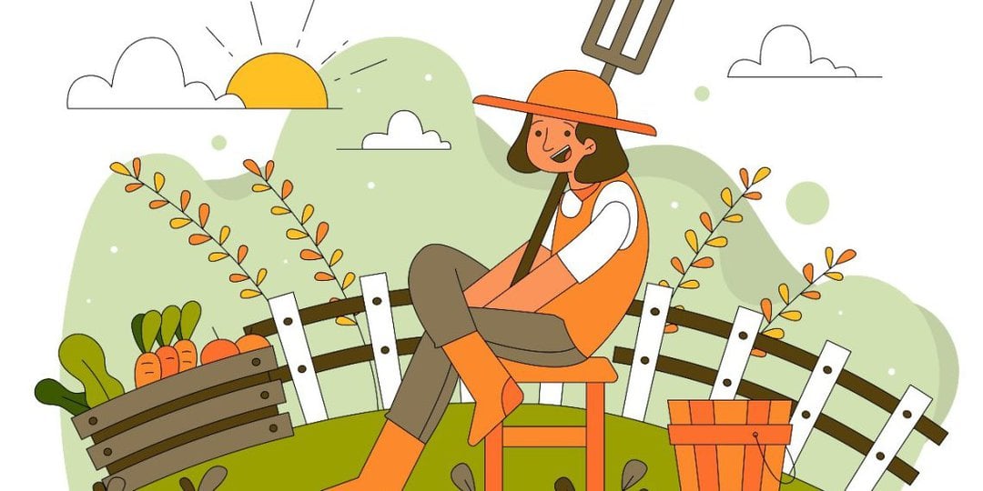 Mi Ma. Ilustración de una mujer dedicada a la agricultura, con colores verdes y naranjas.