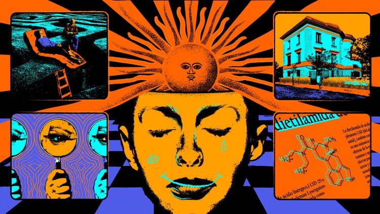 Imagen de un rostro naranja con un sol saliendo de la cabeza en estilo ilustración reflejando una experiencia con LSD