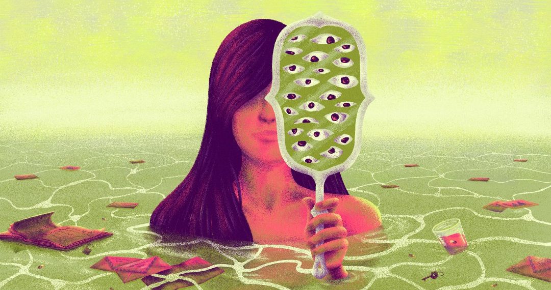 Ilustración acerca de la esquizofrenia con una mujer de cabello negro sosteniendo un espejo y hundida en medio de un lago.