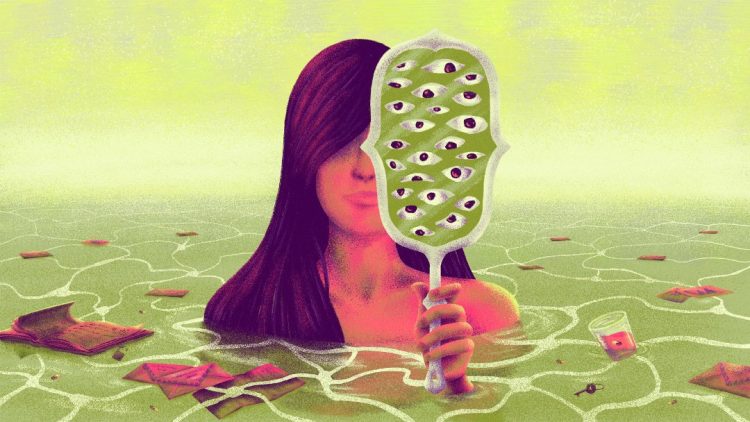 Ilustración acerca de la esquizofrenia con una mujer de cabello negro sosteniendo un espejo y hundida en medio de un lago.