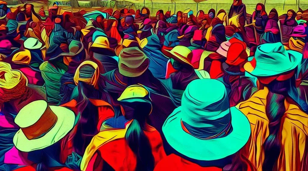 Ilustración de un grupo de mujeres lideresas sindicales en un paisaje del Valle Alto de Cochabamba.