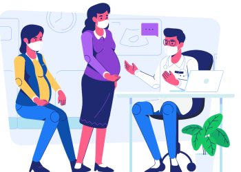 Ilustración flat de un médico hablando con dos mujeres embarazadas. Todos llevan barbijos. La imagen es usada en un reportaje sobre violencia obstétrica en Bolivia.