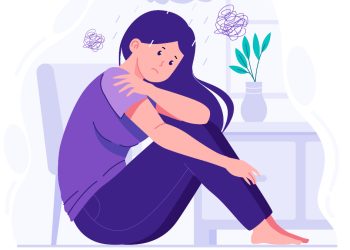 Una ilustración de una mujer vestida en tonos lilas pensativa sobre violencias en consultorios de ginecología y maternidad