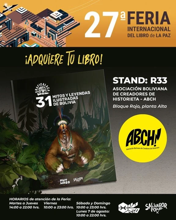 Afiche promocional del libro "31 mitos y leyendas ilustradas de Bolivia" y su punto de venta en la Feria Internacional del Libro de La Paz.
