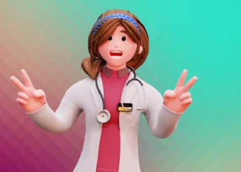 Ilustración de una médica 3D con una actitud renovada sobre la salud ginecológica.