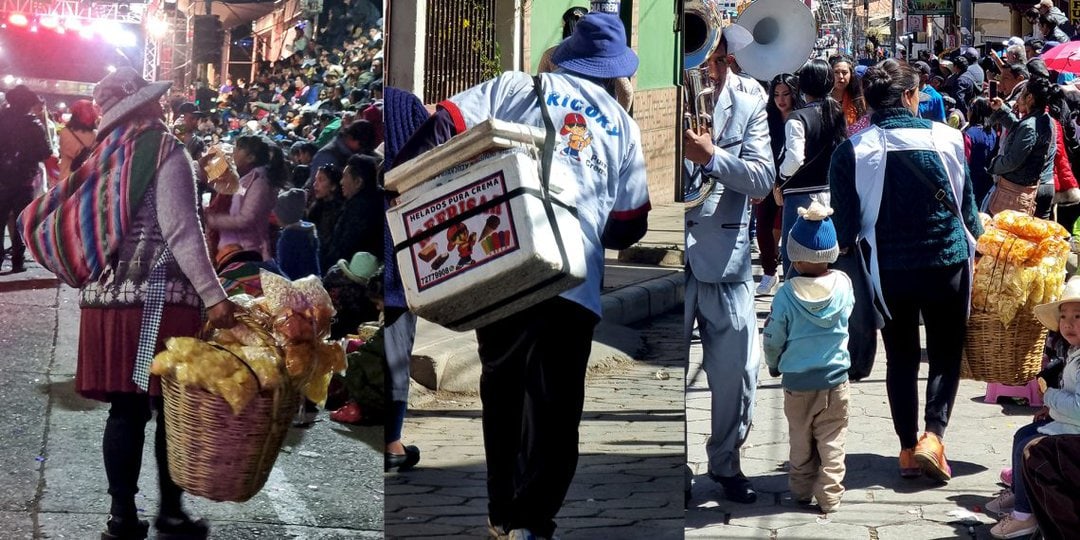 Collage de tres fotografías que muestran a mujeres trabajadoras vendedoras ambulantes en la fiesta de Ch'utillos en Potosí