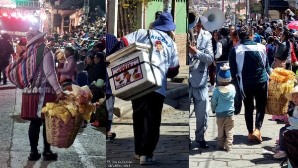 Collage de tres fotografías que muestran a mujeres trabajadoras vendedoras ambulantes en la fiesta de Ch'utillos en Potosí