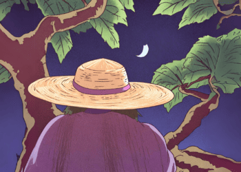 Imagen generada con AI de una criatura de espaldas y con sombrero de paja haciendo alusión a El Duende