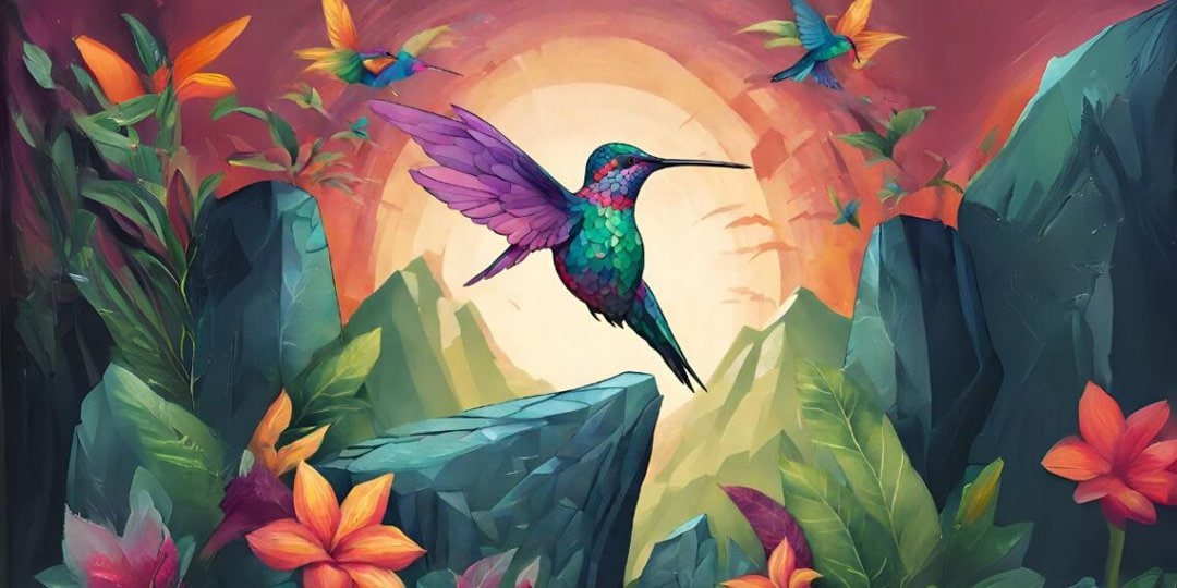 Ilustración de un colorido colibrí en el centro de la imagen, representando un Edutsi de los tacana. Detrás un paisaje paradisiaco durante un atardecer.