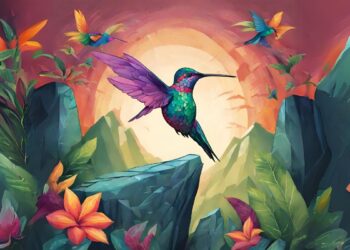 Ilustración de un colorido colibrí en el centro de la imagen, representando un Edutsi de los tacana. Detrás un paisaje paradisiaco durante un atardecer.