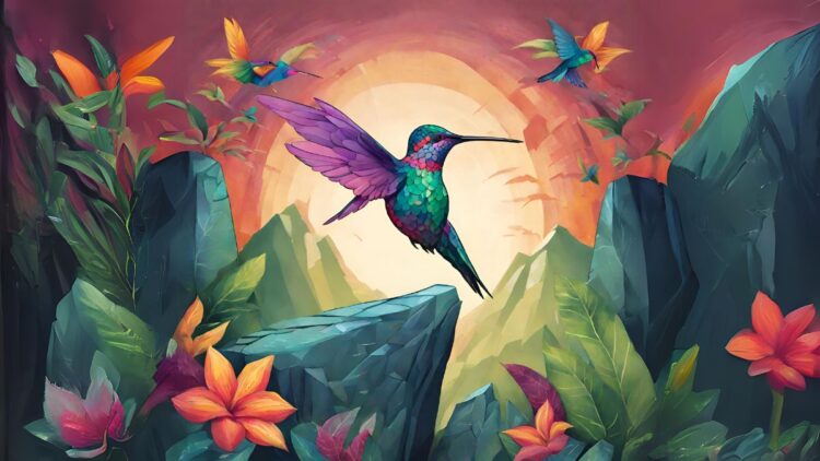 Ilustración de un colorido colibrí en el centro de la imagen, representando un Edutsi de los tacana. Detrás un paisaje paradisiaco durante un atardecer.
