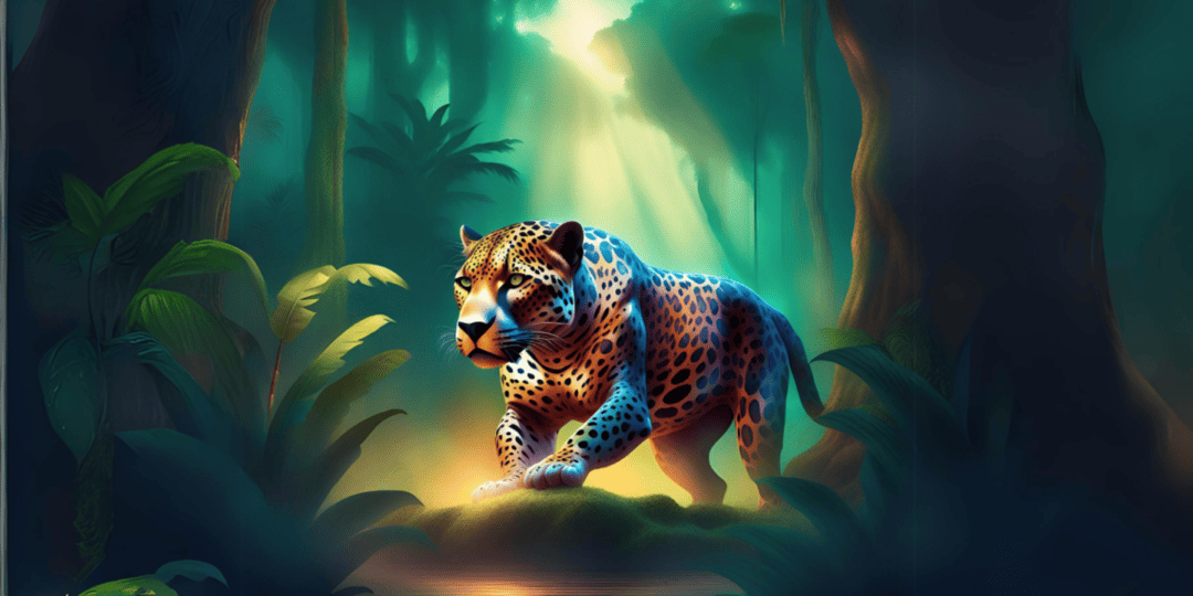 Imagen generada con AI de un jaguar en medio de la selva amazónica