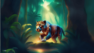 Imagen generada con AI de un jaguar en medio de la selva amazónica