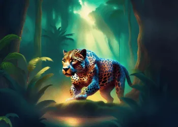 Imagen generada con AI de un jaguar en medio de la selva amazónica