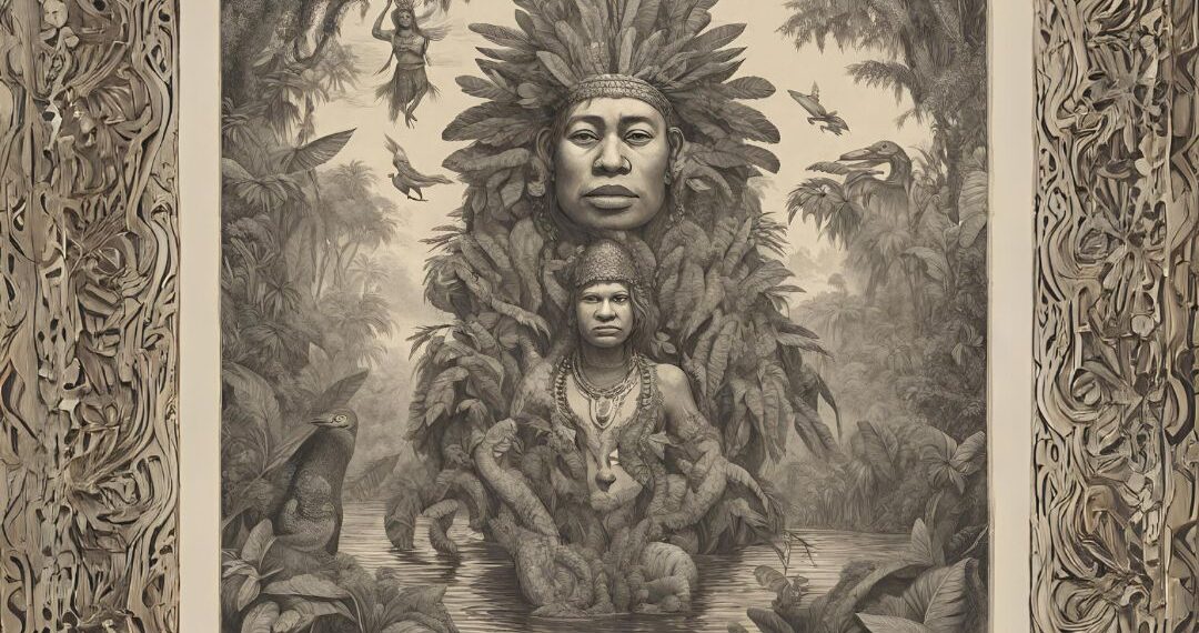 Una ilustración realizada por AI con un prompt sobre el Jichi o jichis de la región amazónica. Criaturas mitológicas que tienen potestad sobre los elementos de la Amazonía.
