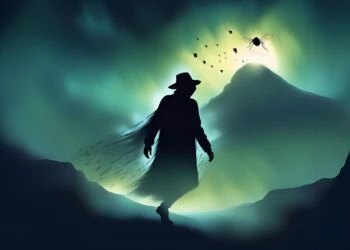 Imagen generada con AI de la sombra de un hombre en medio de un paisaje montañoso en tonos verdes oscuros simulando ser un condenado de los andes