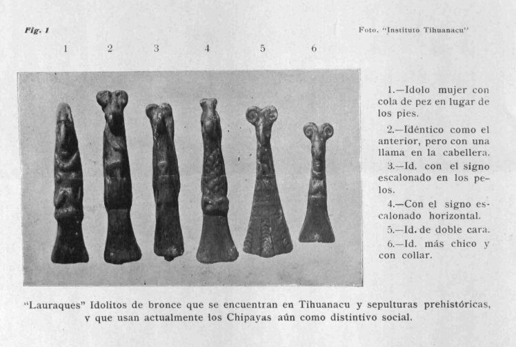 Lauraques de cobre representando sirenas andinas para los Urus Chipayas, fotografiadas en un libro de Etnografía.