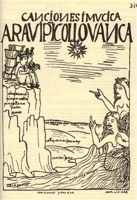 Ilustración de una pareja de sirenas andinas hablando con unos músicos. Felipe Guamán Poma de Ayala