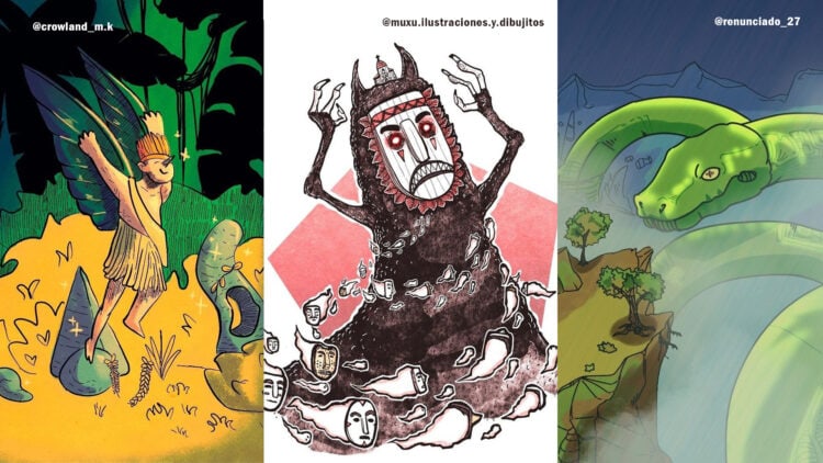 Ilustraciones de las criaturas de la mitología boliviana Edutsi, Aña Guasú y  Yaurinkha a cargo de @crowland_m.k , @muxu.ilustraciones.y.dibujitos y @renunciado_27 respectivamente