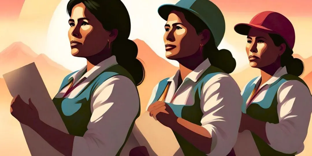 Ilustración de mujeres sindicalistas bolivianas generada con AI.