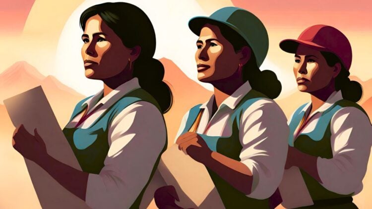 Ilustración de mujeres sindicalistas bolivianas generada con AI.