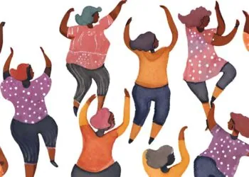 Ilustración de un grupo de mujeres bailando en una sesión de biodanza. El estilo es de tipo acuarela, son dibujos rústicos generados por inteligencia artificial.