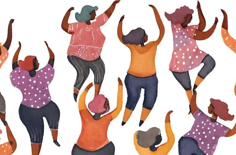 Ilustración de un grupo de mujeres bailando en una sesión de biodanza. El estilo es de tipo acuarela, son dibujos rústicos generados por inteligencia artificial.