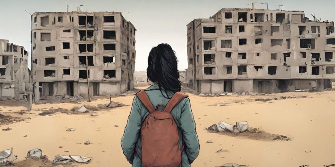 Ilustración de una joven de espaldas con una mochila mirando unos edificios abandonados y ruinosos, como referencia a la situación del acceso a vivienda en Bolivia para jóvenes.