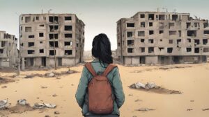 Ilustración de una joven de espaldas con una mochila mirando unos edificios abandonados y ruinosos, como referencia a la situación del acceso a vivienda en Bolivia para jóvenes.