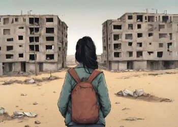 Ilustración de una joven de espaldas con una mochila mirando unos edificios abandonados y ruinosos, como referencia a la situación del acceso a vivienda en Bolivia para jóvenes.