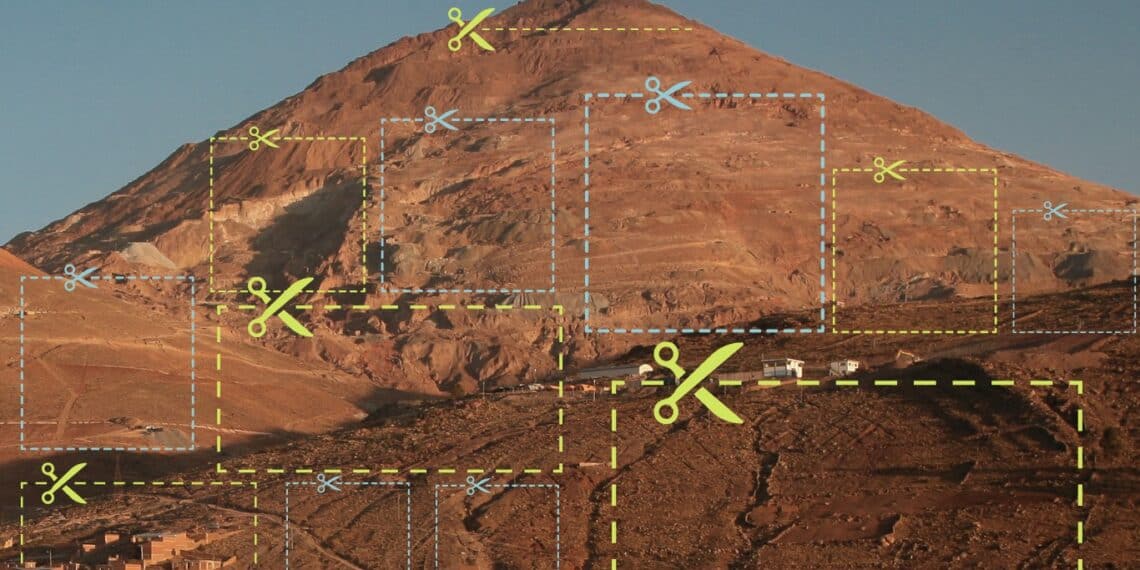 Cerro Rico de Potosí con líneas de corte que representan el cuoteo y la crisis municipal