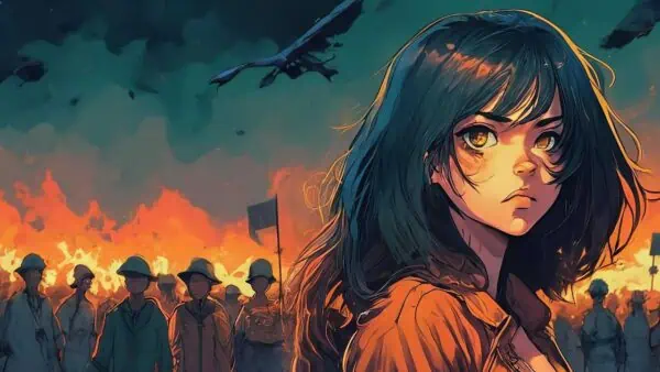 Una mujer joven ilustrada con una estética de anime de espaldas a una protesta social e incendios.