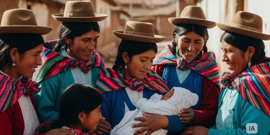 Mujeres aymaras de distintas edades rodean a una mujer boliviana joven que carga a su bebé recién nacido en las calles de una comunidad rural de Bolivia.