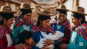 Mujeres aymaras de distintas edades rodean a una mujer boliviana joven que carga a su bebé recién nacido en las calles de una comunidad rural de Bolivia.