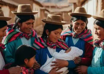 Mujeres aymaras de distintas edades rodean a una mujer boliviana joven que carga a su bebé recién nacido en las calles de una comunidad rural de Bolivia.