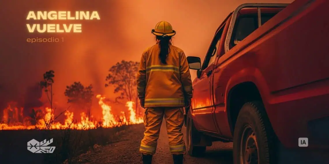 Portada del pódcast Angelina vuelve de Muy Waso. Imagen generada con IA de una mujer viendo un paisaje incendiado.